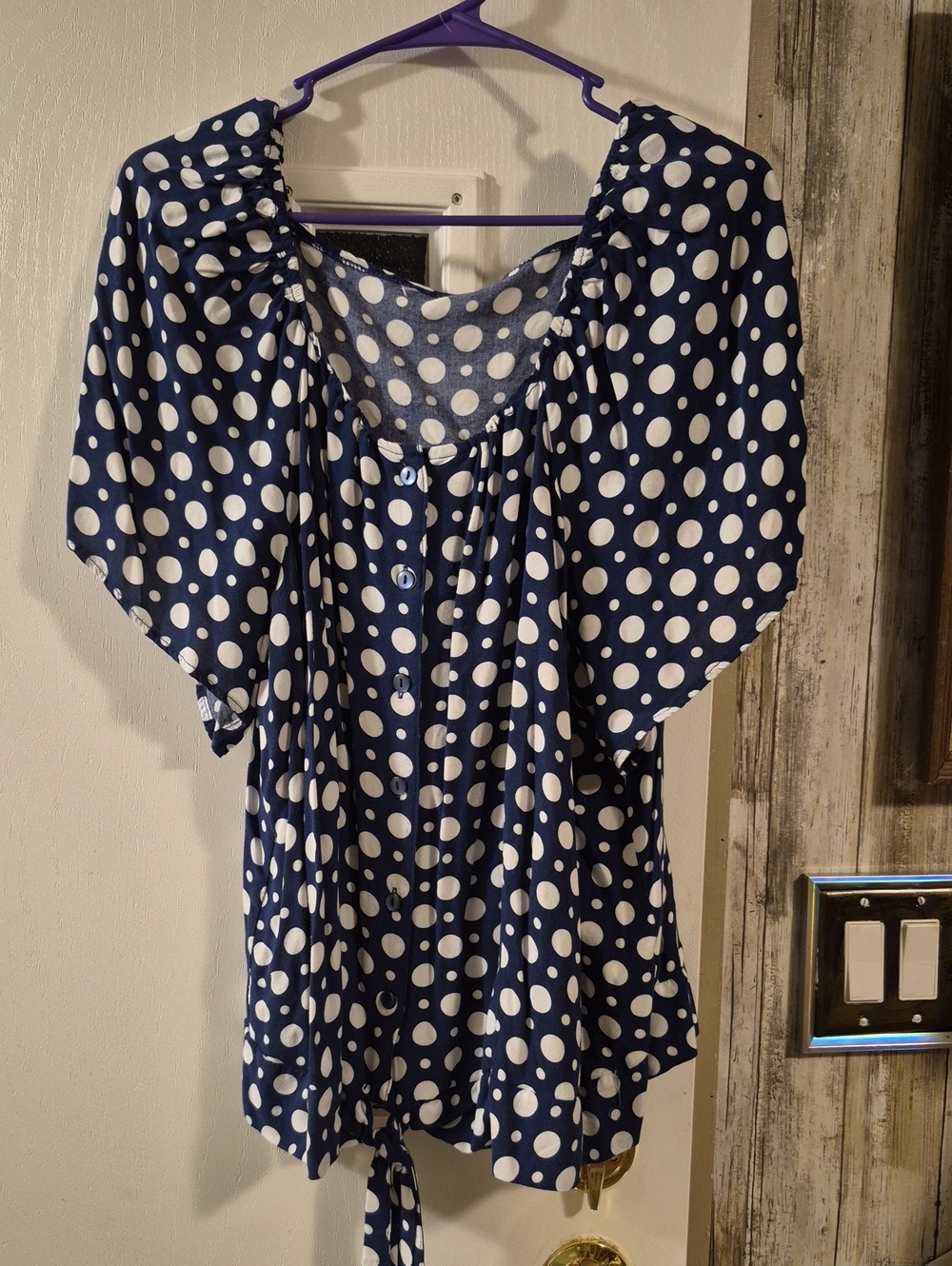 Cato Fasions Women's Navy Polka Dot Button-Front Blouse Size L